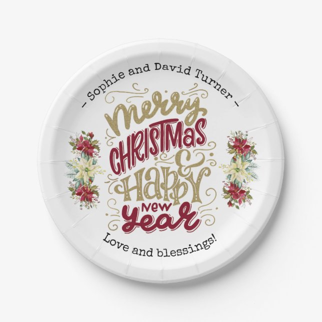 Charm Merry Christmas Happy New Year Typography Paper Plates (Front)