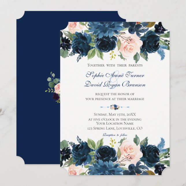 Charm Navy Blue  Blush Floral Bloom Wedding Invitation (Front/Back)