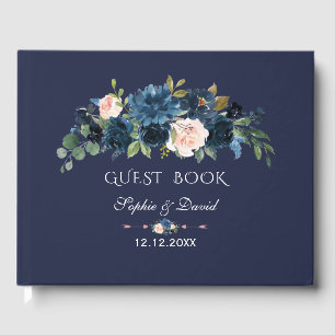 Charm Navy Blue Blush Flowers Bloom Wedding Guest Book