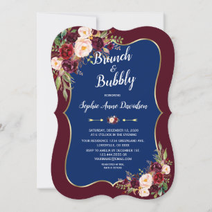 Charm Navy Blue Burgundy Floral Brunch & Bubbly Invitation