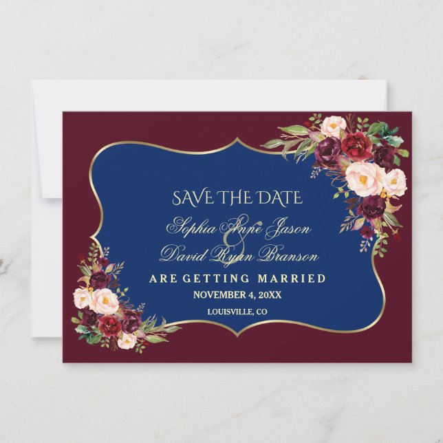 Charm Navy Blue Burgundy Floral Gold Save The Date (Front)