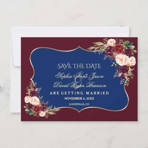 Charm Navy Blue Burgundy Floral Gold Save The Date
