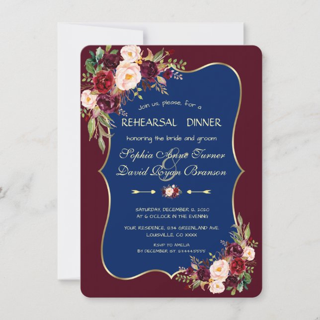 Charm Navy Blue Burgundy Floral Rehearsal Dinner Invitation (Front)