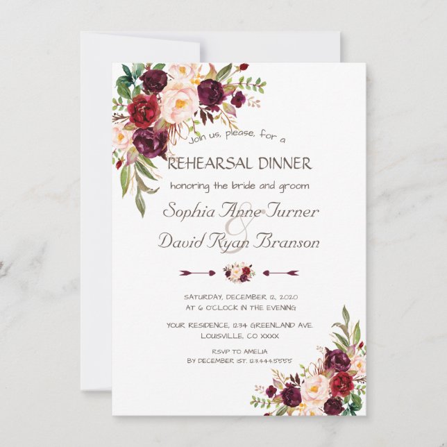 Charm Navy Blue Burgundy Floral Rehearsal Dinner Invitation (Front)