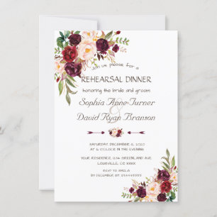 Charm Navy Blue Burgundy Floral Rehearsal Dinner Invitation