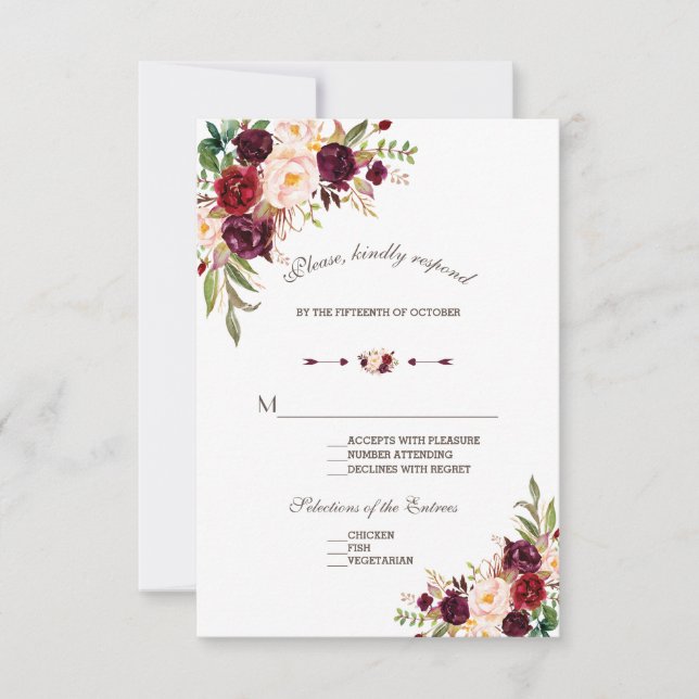 Charm Navy Blue Burgundy Floral Wedding RSVP (Front)