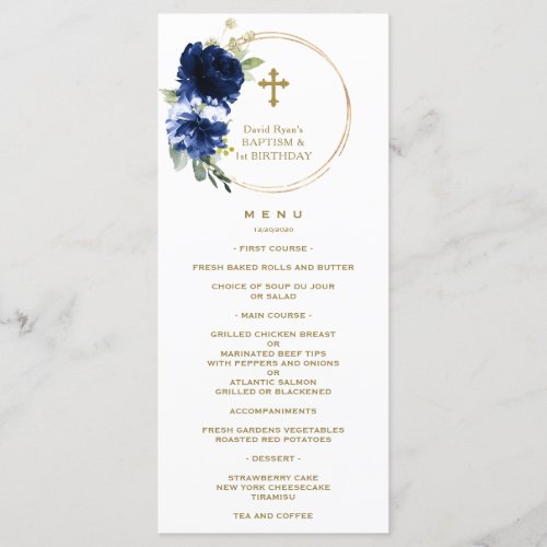 Charm Navy Blue Floral 1st Birthday  Baptism Menu