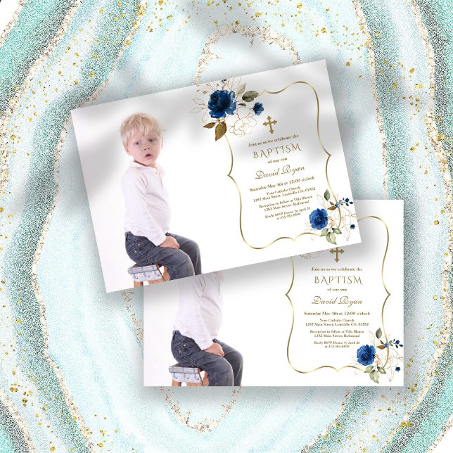Charm Navy Blue Floral Gold Boy Photo Baptism  Invitation (blue flowers boy photo baptism, trendy blue floral photo baptism, blue gold boy photo baptism)