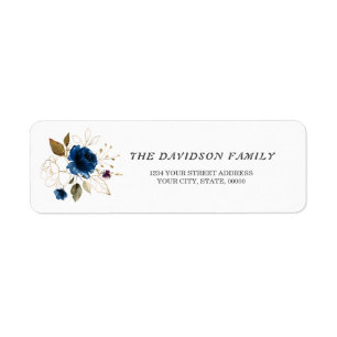 Charm Navy Blue Gold Floral Baptism Return Address Label