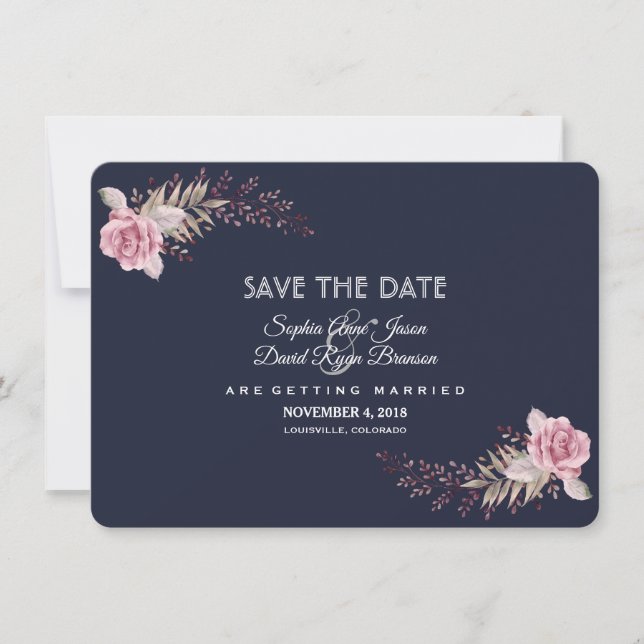 Charm Navy Blue Maroon Boho Floral Save The Date (Front)