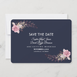 Charm Navy Blue Maroon Boho Floral Save The Date