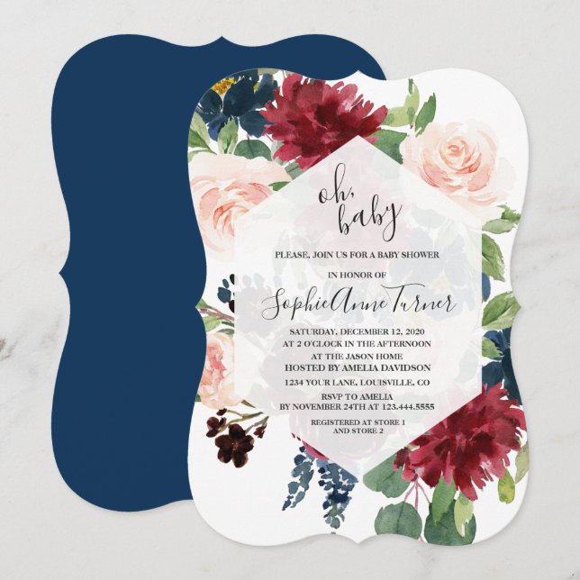 Charm Oh BABY Burgundy Floral Hexagon Baby Shower Invitation (Front/Back)
