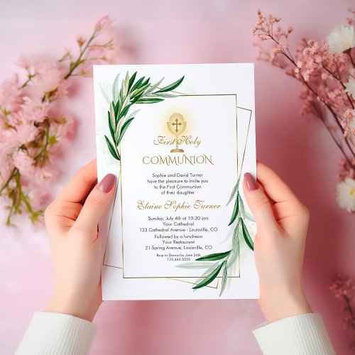 Charm Olive Leaves Gold First Holy Communion Invitation