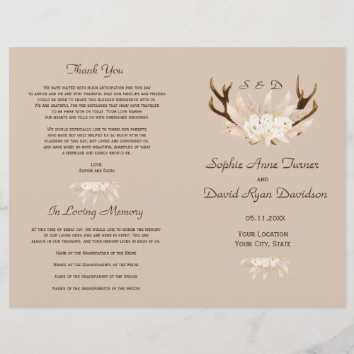 Charm Pampas Grass Floral Antlers Wedding Program Flyer