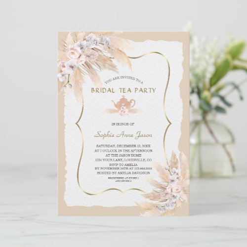 Charm Pampas Grass Orchid Roses Bridal Tea Party  Invitation