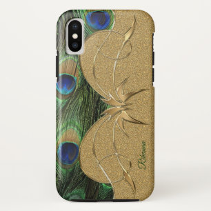 Charm Peacock Feathers Golden Custom Monogram iPhone X Case