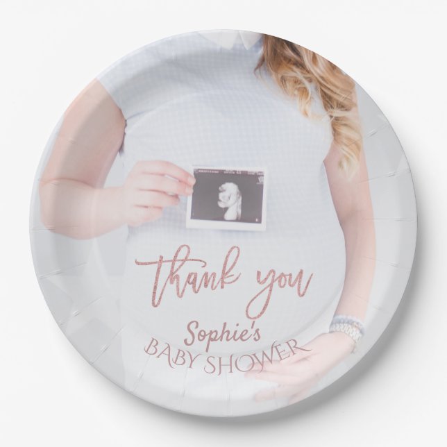 Charm Photo Baby Shower Rose Gold Thank you Paper Plates (Front)