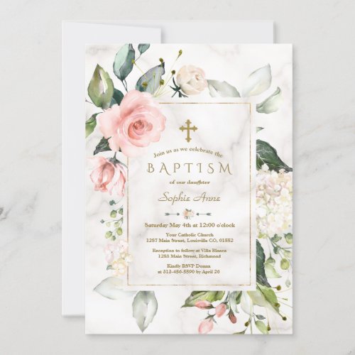 Charm Pink Blush Cream Floral Marble Gold Baptism Invitation