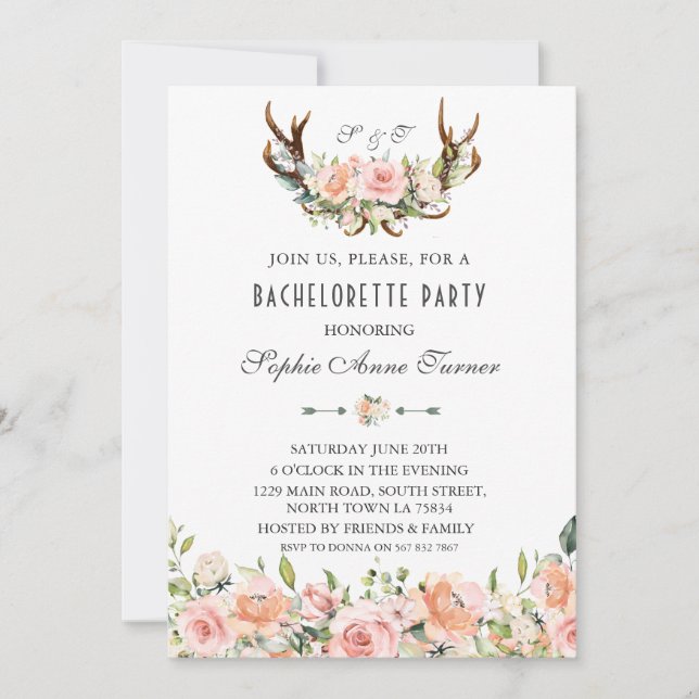 Charm Pink Blush Floral Antlers Bachelorette Party Invitation (Front)