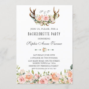 Charm Pink Blush Floral Antlers Bachelorette Party Invitation