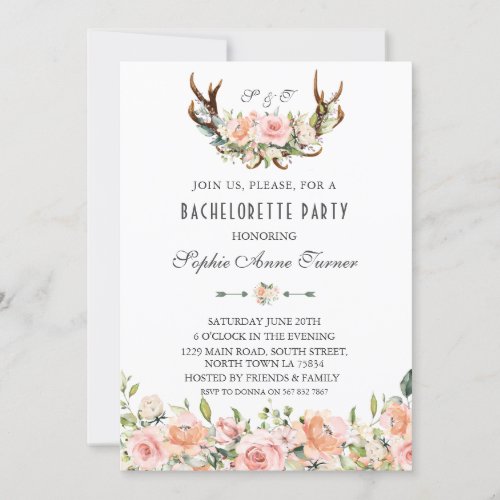 Charm Pink Blush Floral Antlers Bachelorette Party Invitation