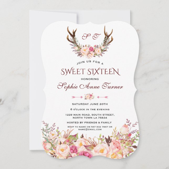 Charm Pink Blush Floral Antlers Monogram Sweet 16 Invitation (Front)