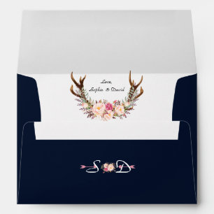 Charm Pink Blush Floral Antlers Navy Blue Wedding Envelope
