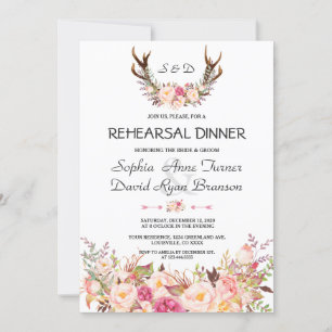 Charm Pink Blush Floral Antlers Rehearsal Dinner Invitation