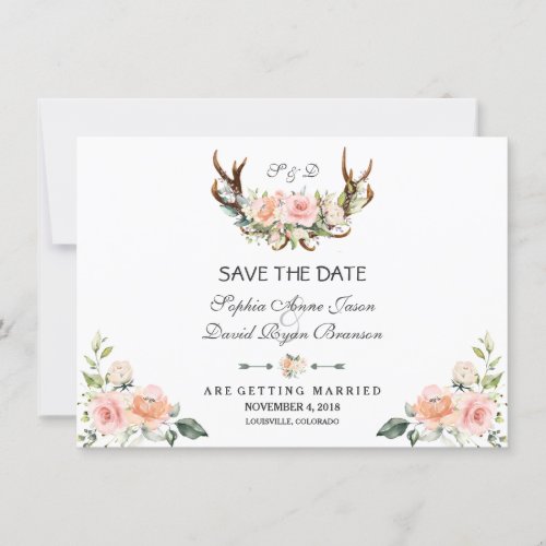 Charm Pink Blush Floral Antlers Save The Date