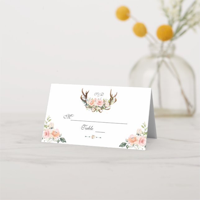 Charm Pink Blush Floral Antlers Table Number Place Card (Front)