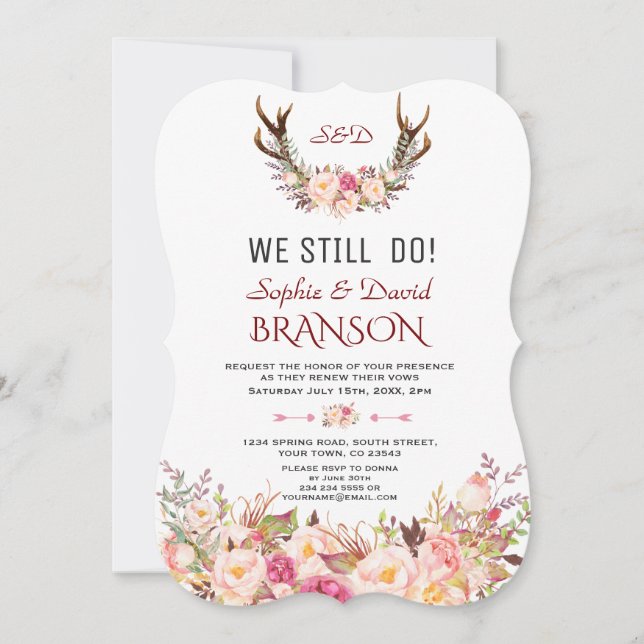 Charm Pink Blush Floral Antlers WE STILL DO Invitation (Front)