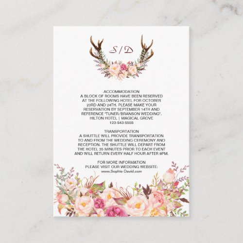 Charm Pink Blush Floral Antlers Wedding Details Enclosure Card