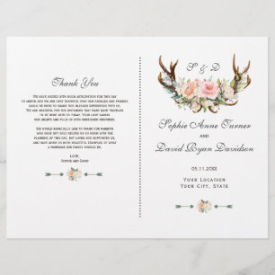 Charm Pink Blush Floral Antlers Wedding Program