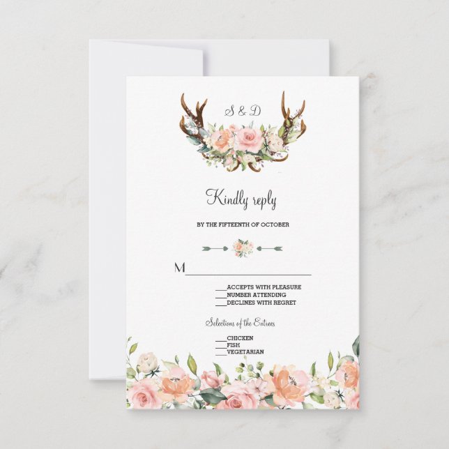 Charm Pink Blush Floral Antlers Wedding RSVP (Front)