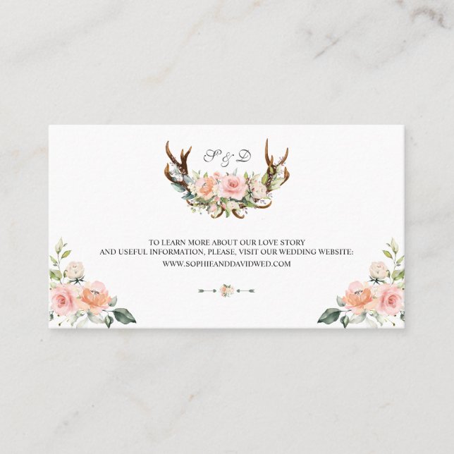 Charm Pink Blush Floral Antlers Wedding Website Business Card (Front)