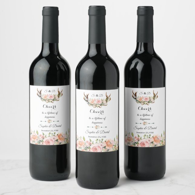 Charm Pink Blush Floral Antlers Wedding Wine Label (Bottles)