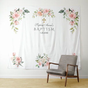 Charm Pink Blush Floral Baptism Photo Prop Tapestry