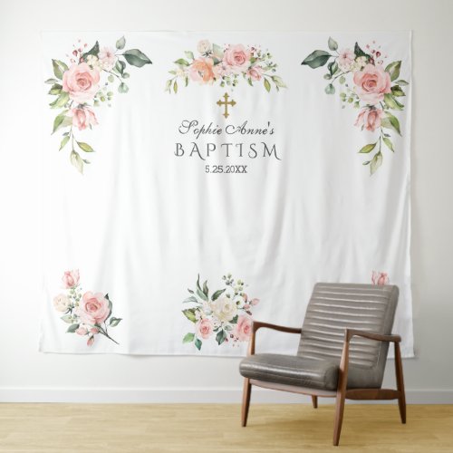 Charm Pink Blush Floral Baptism Photo Prop  Tapestry