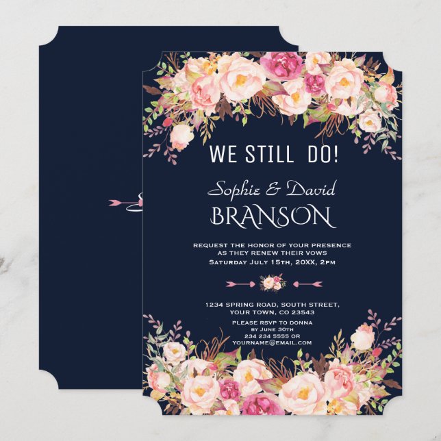 Charm Pink Blush Floral Dark Blue WE STILL DO Invitation (Front/Back)