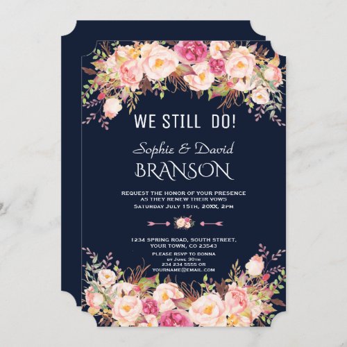 Charm Pink Blush Floral Dark Blue WE STILL DO Invitation