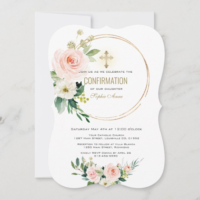 Charm Pink Blush Floral Gold Cross Confirmation Invitation (Front)