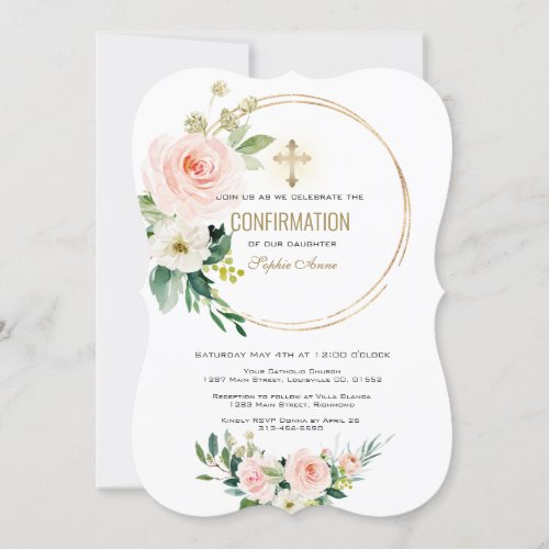 Charm Pink Blush Floral Gold Cross Confirmation Invitation