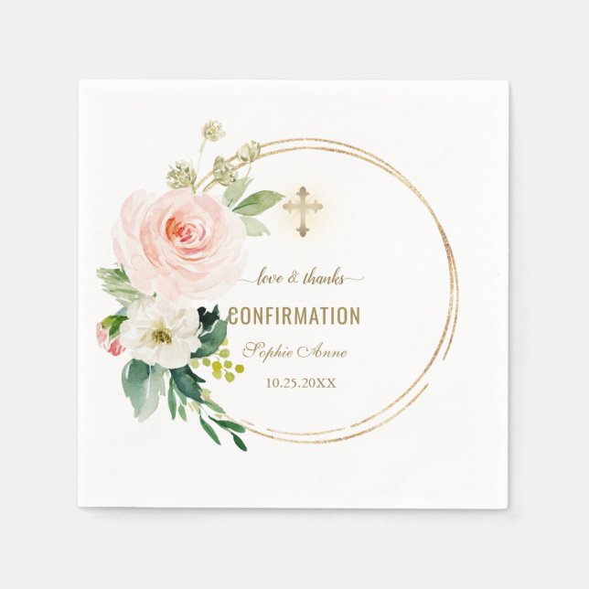 Charm Pink Blush Floral Gold Cross Confirmation  Napkins (Front)