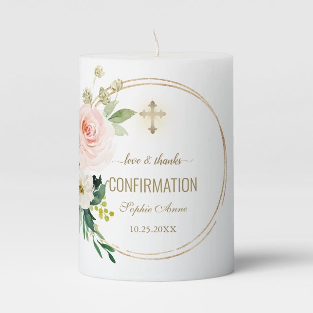 Charm Pink Blush Floral Gold Cross Confirmation Pillar Candle (Front)