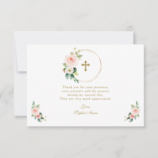 Charm Pink Blush Floral Gold Cross Confirmation Thank You Card (Front)
