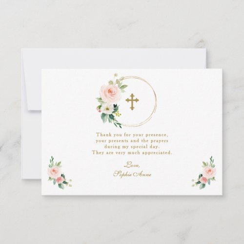 Charm Pink Blush Floral Gold Cross Confirmation Thank You Card