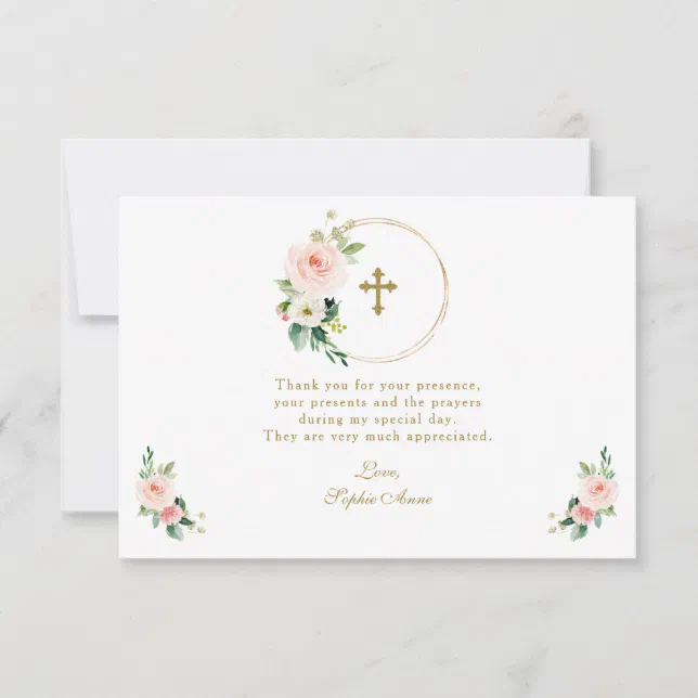 Charm Pink Blush Floral Gold Cross Confirmation Thank You Card 