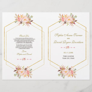 Charm Pink Blush Floral Gold Frame Wedding Program Flyer