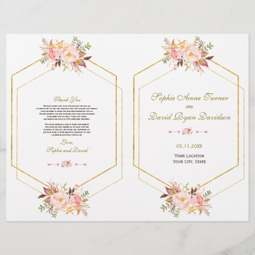 Charm Pink Blush Floral Gold Frame Wedding Program Flyer