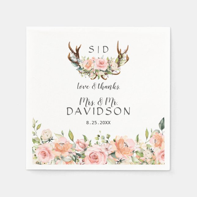 Charm Pink Blush Flowers Antlers Monogram Wedding Napkins (Front)